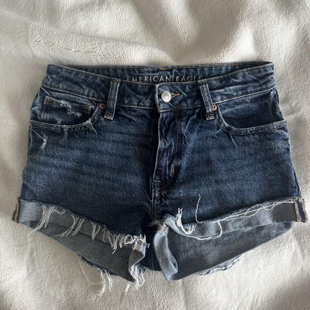 American Eagle Outfitters Dark Blue Frayed Denim Shorts